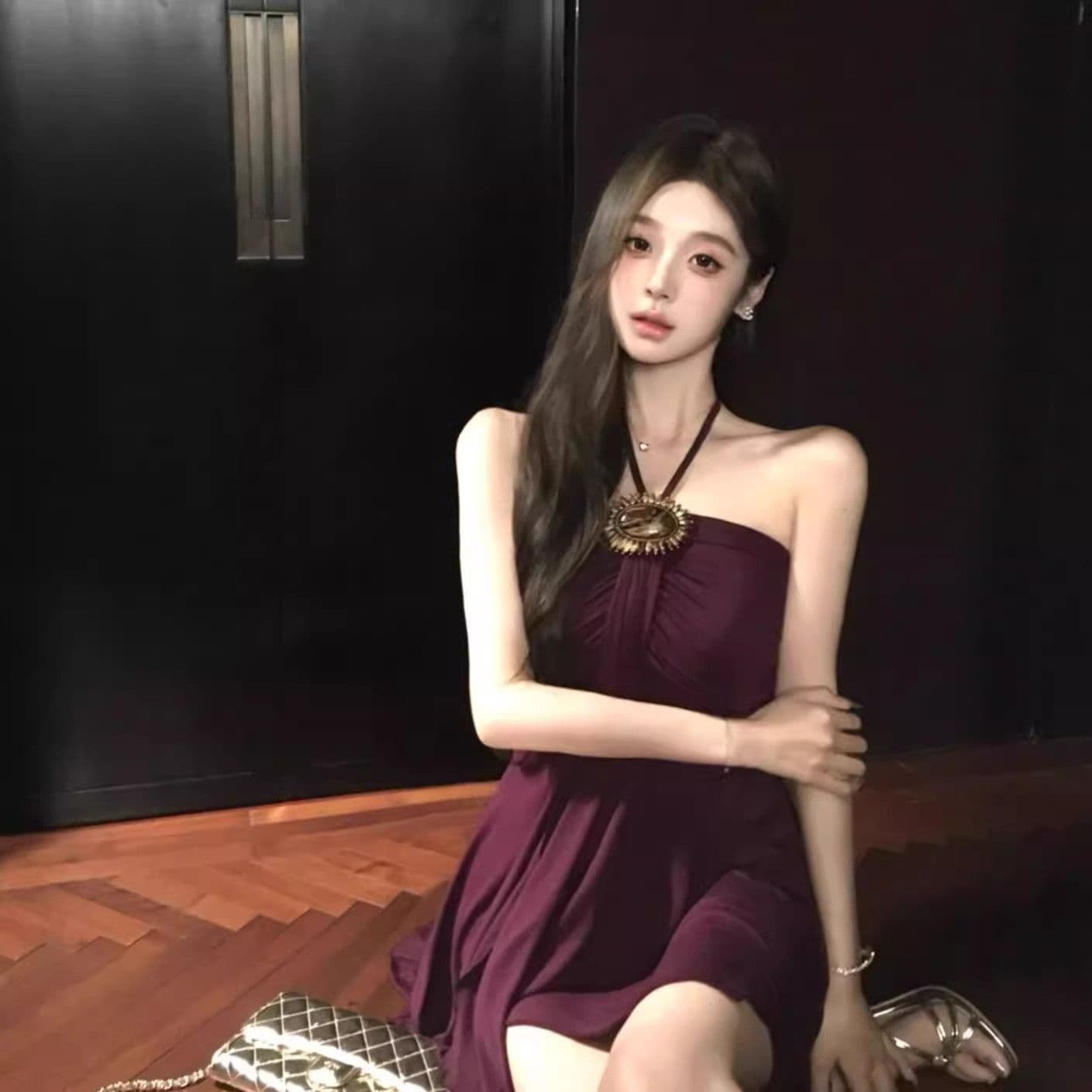 프랑스식 품격 보라색 행침 목 드레스 여성 의류 여름 작은 키 레트로 허리 수축 몸매 가꾸기 A라인 스커트 짧은 치마 이미지 2