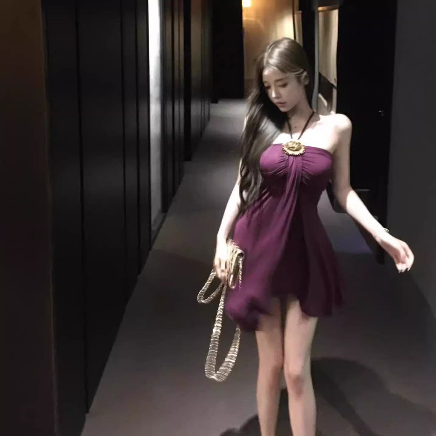 프랑스식 품격 보라색 행침 목 드레스 여성 의류 여름 작은 키 레트로 허리 수축 몸매 가꾸기 A라인 스커트 짧은 치마 이미지 3