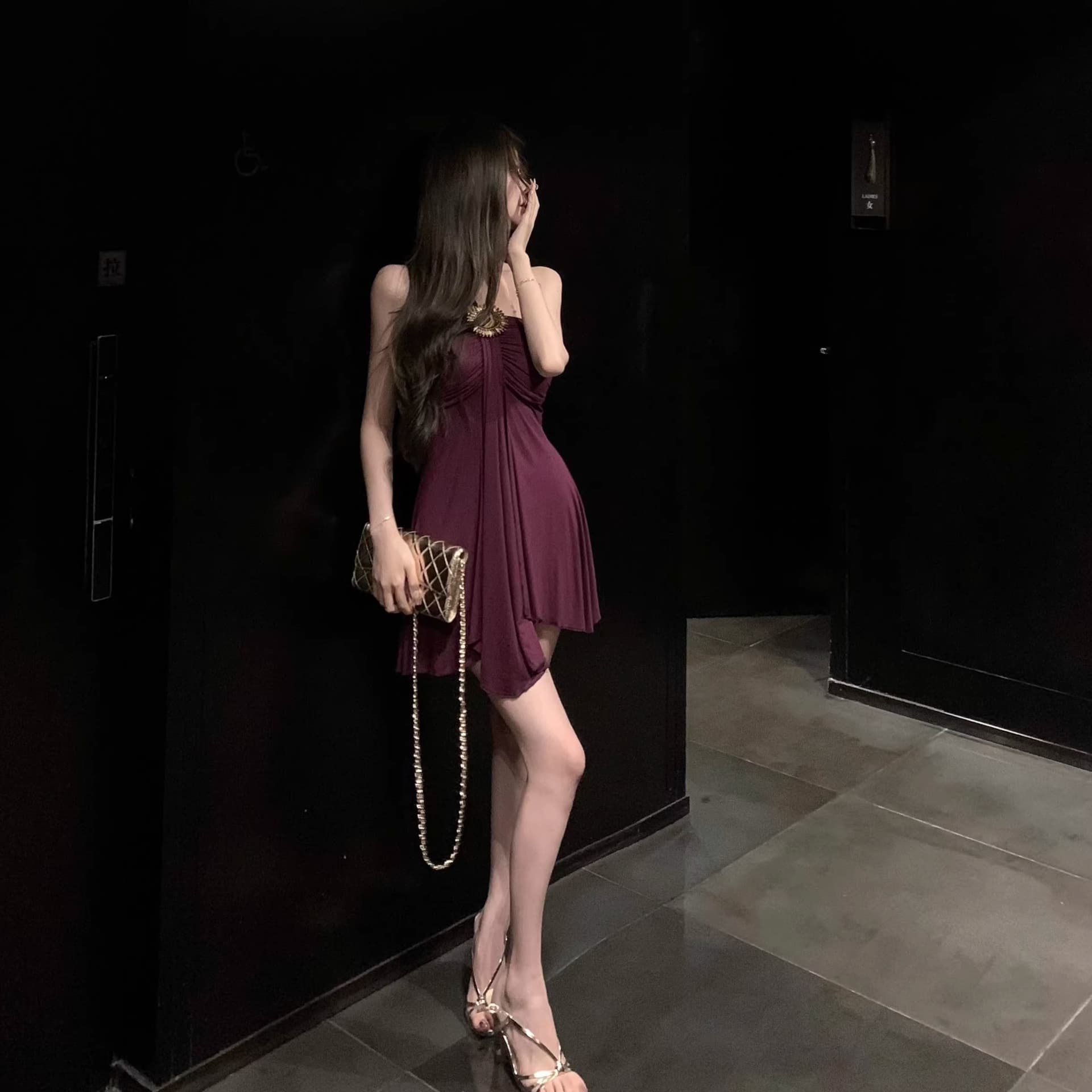 프랑스식 품격 보라색 행침 목 드레스 여성 의류 여름 작은 키 레트로 허리 수축 몸매 가꾸기 A라인 스커트 짧은 치마 이미지 5