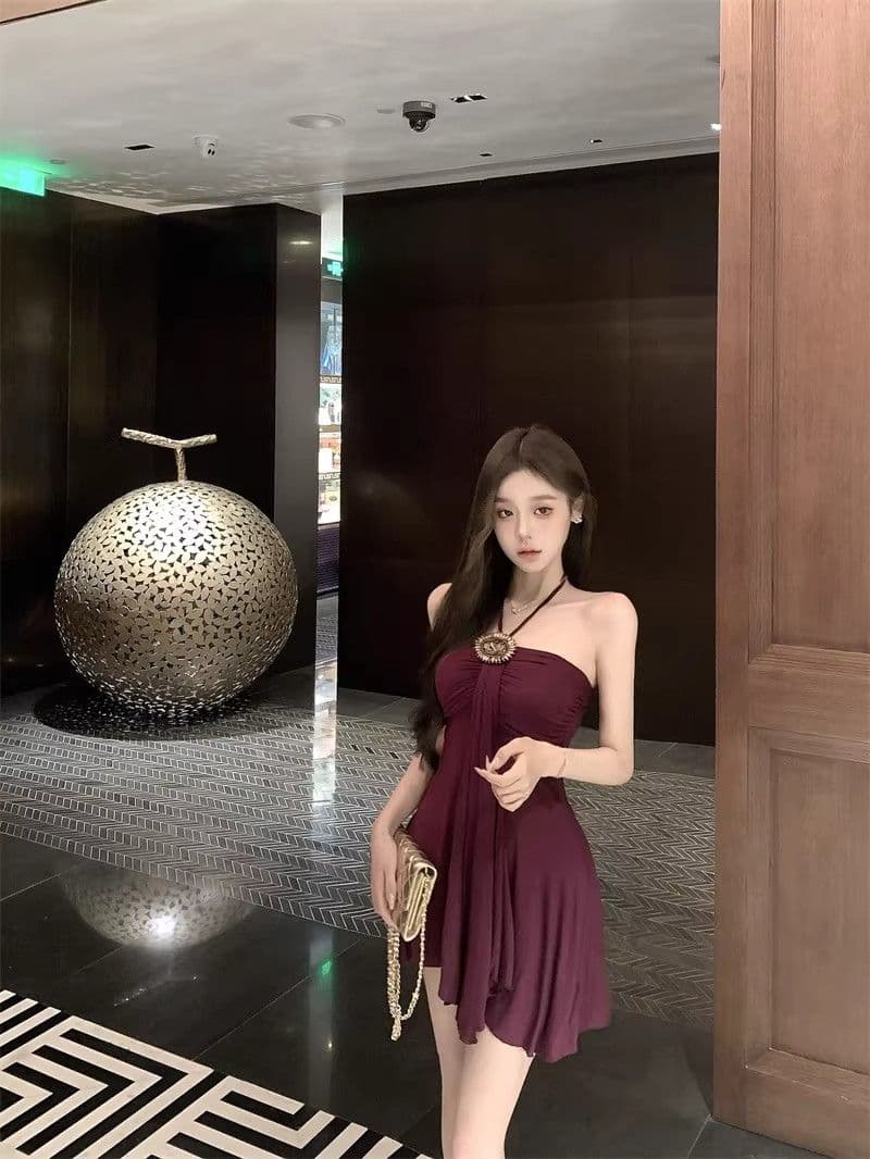 프랑스식 품격 보라색 행침 목 드레스 여성 의류 여름 작은 키 레트로 허리 수축 몸매 가꾸기 A라인 스커트 짧은 치마 상세 이미지 8