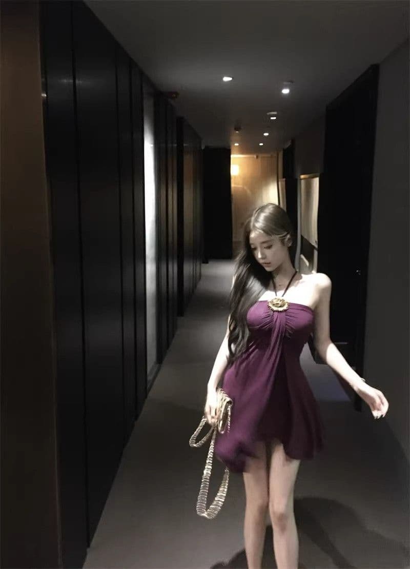 프랑스식 품격 보라색 행침 목 드레스 여성 의류 여름 작은 키 레트로 허리 수축 몸매 가꾸기 A라인 스커트 짧은 치마 상세 이미지 9