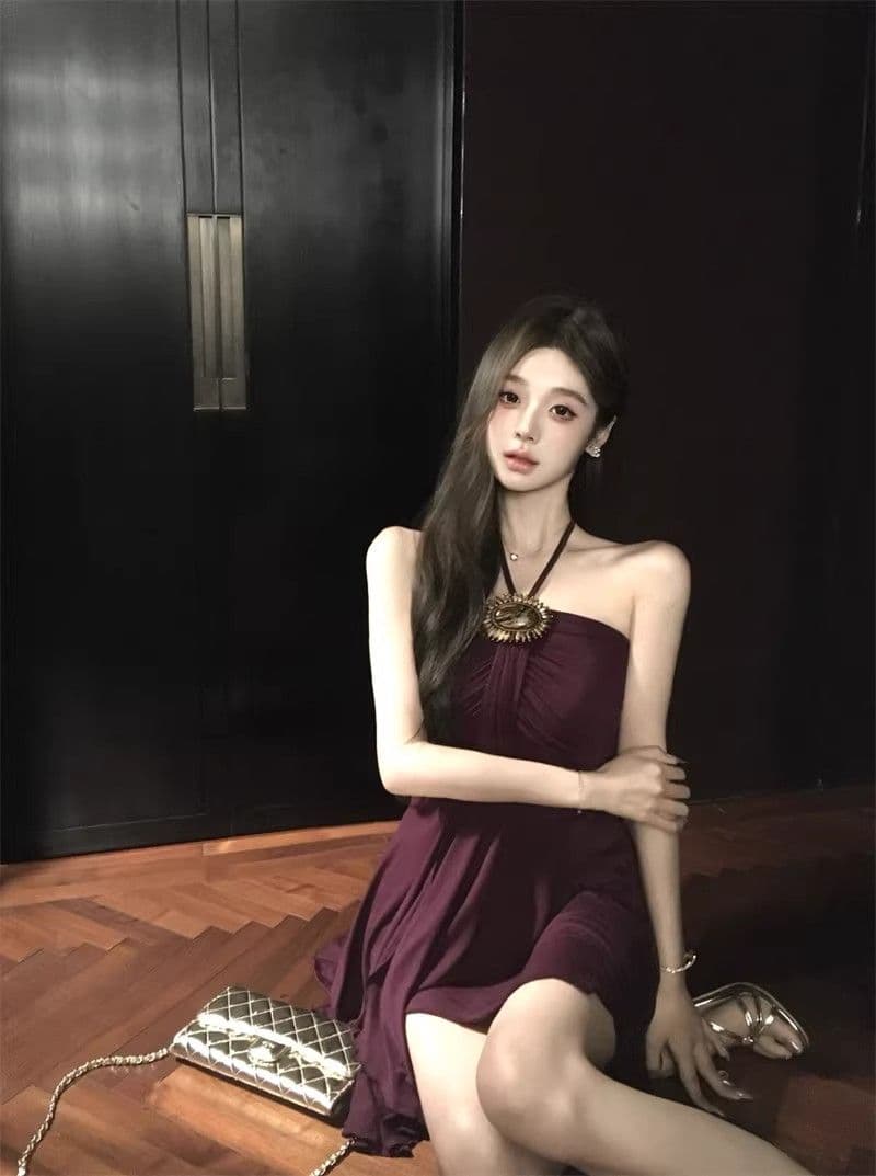 프랑스식 품격 보라색 행침 목 드레스 여성 의류 여름 작은 키 레트로 허리 수축 몸매 가꾸기 A라인 스커트 짧은 치마 상세 이미지 10