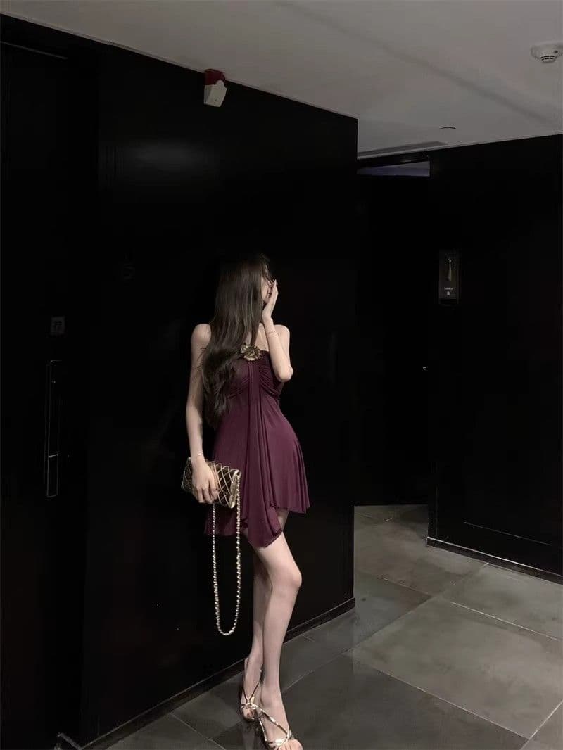 프랑스식 품격 보라색 행침 목 드레스 여성 의류 여름 작은 키 레트로 허리 수축 몸매 가꾸기 A라인 스커트 짧은 치마 상세 이미지 12