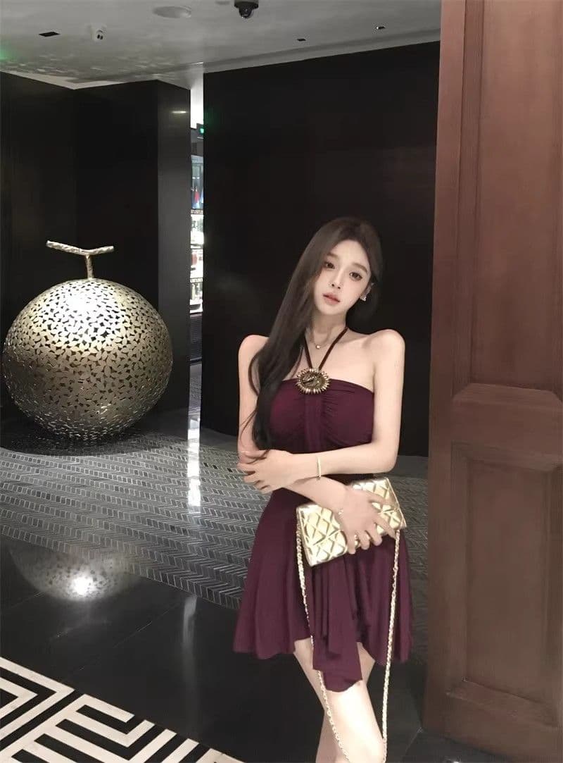 프랑스식 품격 보라색 행침 목 드레스 여성 의류 여름 작은 키 레트로 허리 수축 몸매 가꾸기 A라인 스커트 짧은 치마 상세 이미지 13