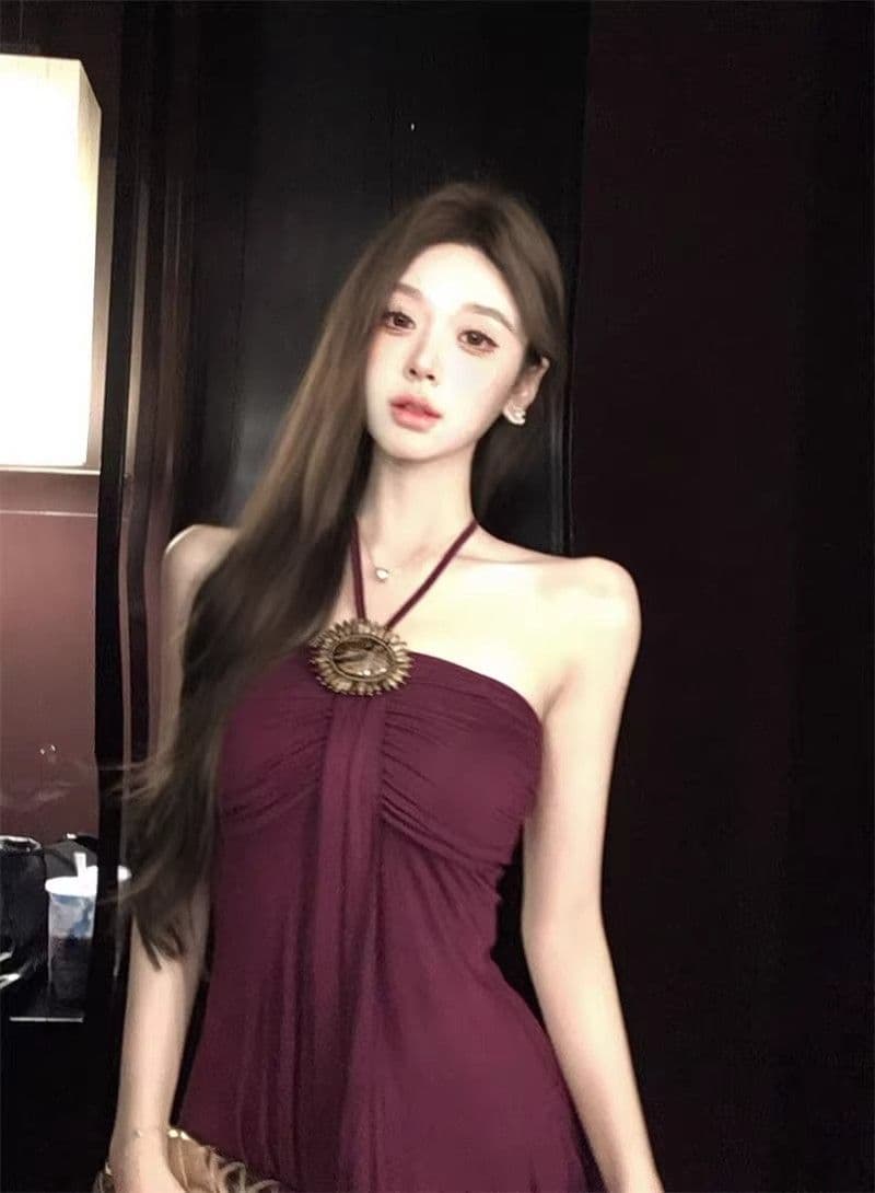 프랑스식 품격 보라색 행침 목 드레스 여성 의류 여름 작은 키 레트로 허리 수축 몸매 가꾸기 A라인 스커트 짧은 치마 상세 이미지 14