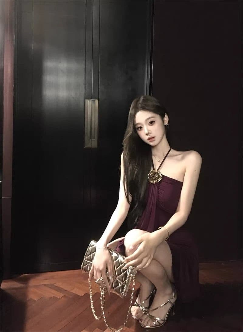 프랑스식 품격 보라색 행침 목 드레스 여성 의류 여름 작은 키 레트로 허리 수축 몸매 가꾸기 A라인 스커트 짧은 치마 상세 이미지 15