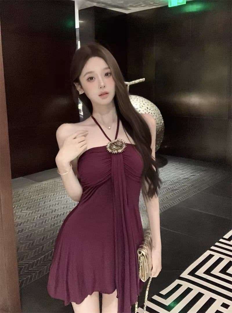 프랑스식 품격 보라색 행침 목 드레스 여성 의류 여름 작은 키 레트로 허리 수축 몸매 가꾸기 A라인 스커트 짧은 치마 상세 이미지 16