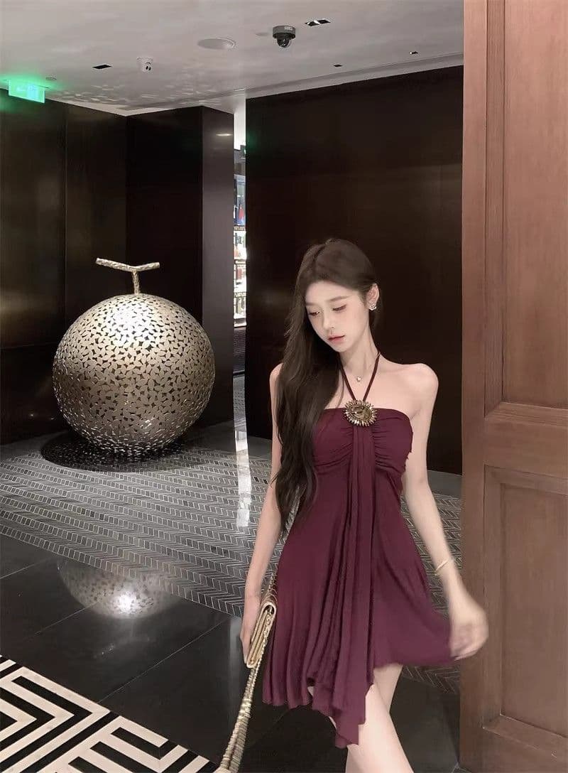 프랑스식 품격 보라색 행침 목 드레스 여성 의류 여름 작은 키 레트로 허리 수축 몸매 가꾸기 A라인 스커트 짧은 치마 상세 이미지 17