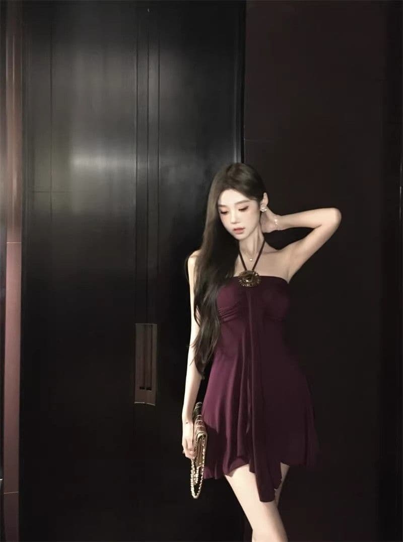 프랑스식 품격 보라색 행침 목 드레스 여성 의류 여름 작은 키 레트로 허리 수축 몸매 가꾸기 A라인 스커트 짧은 치마 상세 이미지 18