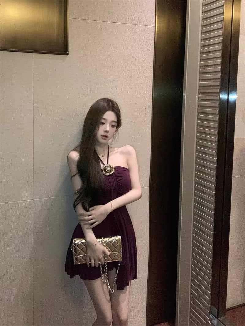 프랑스식 품격 보라색 행침 목 드레스 여성 의류 여름 작은 키 레트로 허리 수축 몸매 가꾸기 A라인 스커트 짧은 치마 상세 이미지 19
