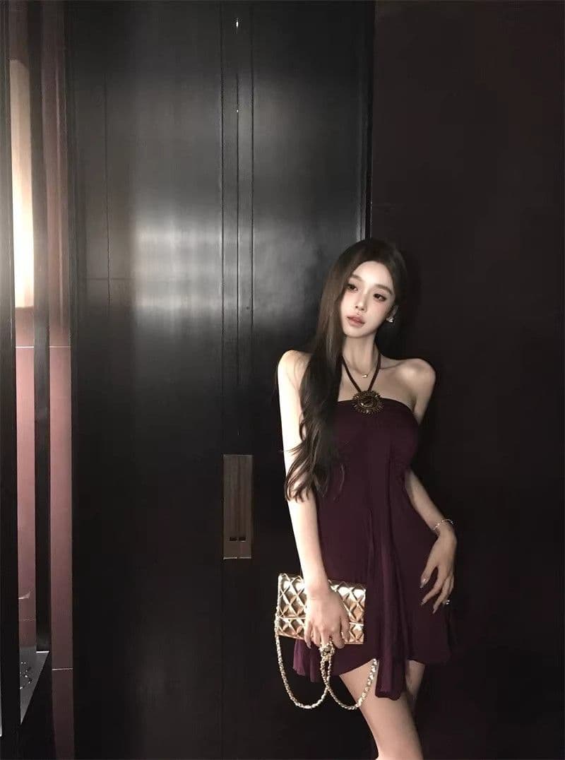 프랑스식 품격 보라색 행침 목 드레스 여성 의류 여름 작은 키 레트로 허리 수축 몸매 가꾸기 A라인 스커트 짧은 치마 상세 이미지 20