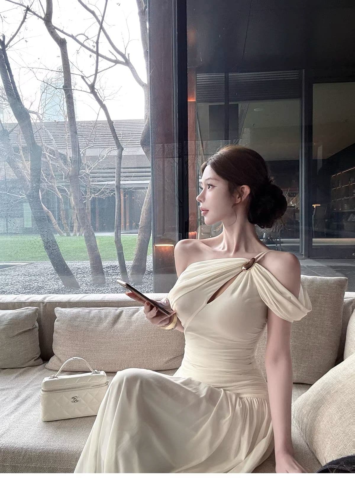 프랑스식 부드러운 바람 오프숄더 오프숄더 슬립 여성 드레스 봄 새로운 허리 수축 슬림해 보이는 고급 센스 길다 치마 상세 이미지 13