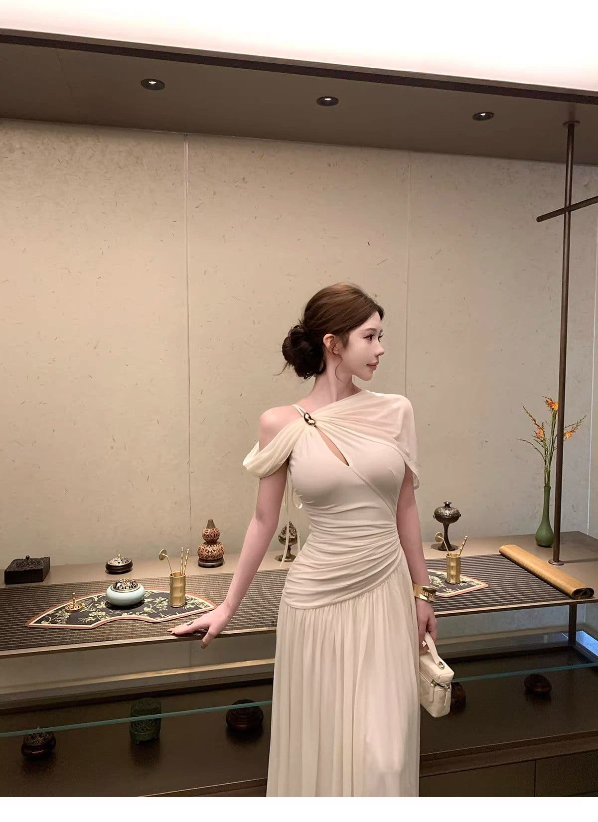 프랑스식 부드러운 바람 오프숄더 오프숄더 슬립 여성 드레스 봄 새로운 허리 수축 슬림해 보이는 고급 센스 길다 치마 상세 이미지 15