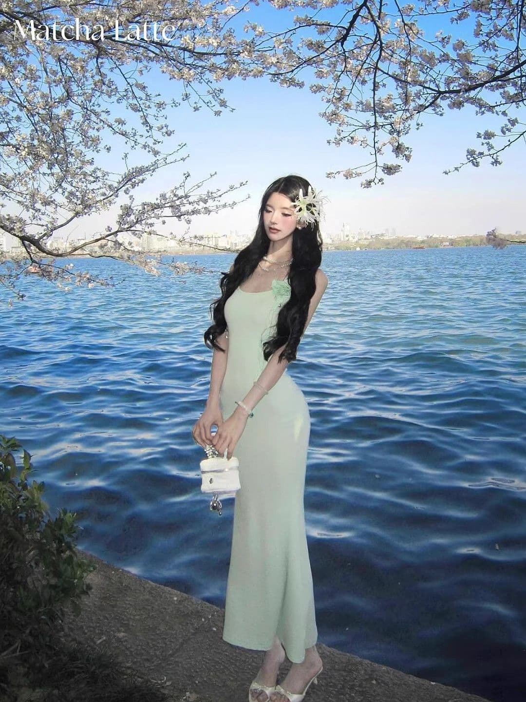 박하 녹색 꽃 슬립 여성 드레스 여름 휴가 바람 허리 수축 인어 꼬리 치마 순수한 욕망 몸매 가꾸기 타이트 스커트 롱 스커트 이미지 3