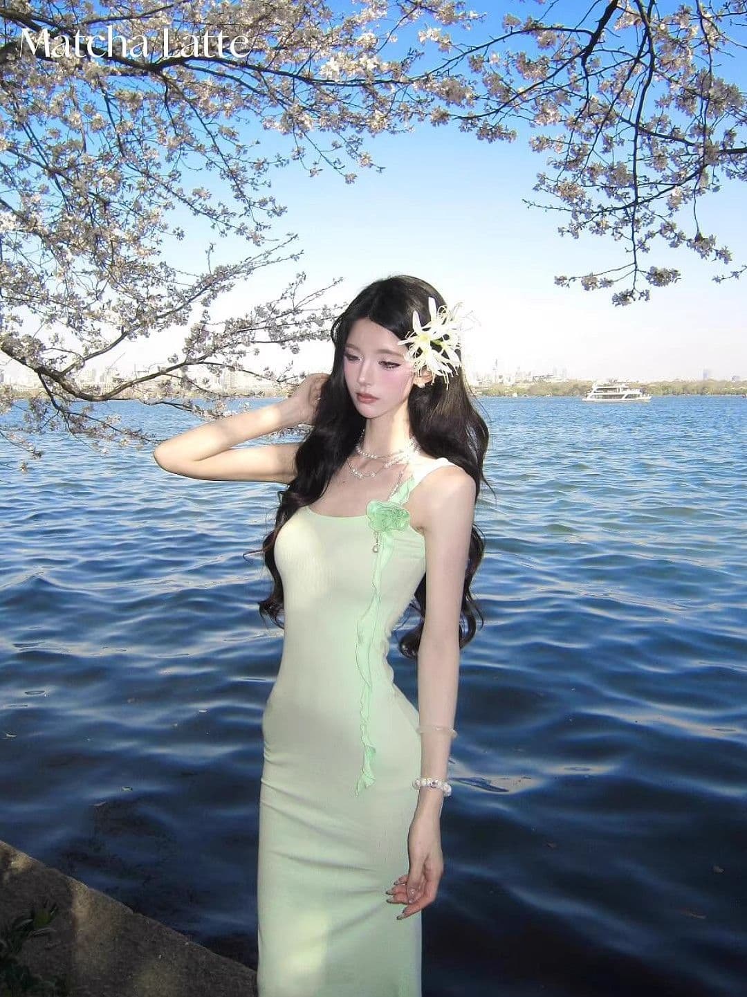 박하 녹색 꽃 슬립 여성 드레스 여름 휴가 바람 허리 수축 인어 꼬리 치마 순수한 욕망 몸매 가꾸기 타이트 스커트 롱 스커트 이미지 2