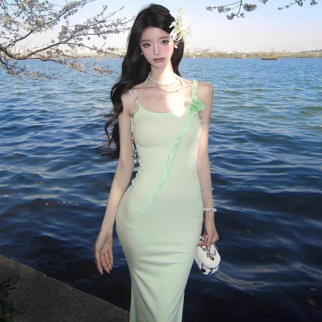 박하 녹색 꽃 슬립 여성 드레스 여름 휴가 바람 허리 수축 인어 꼬리 치마 순수한 욕망 몸매 가꾸기 타이트 스커트 롱 스커트 이미지 5
