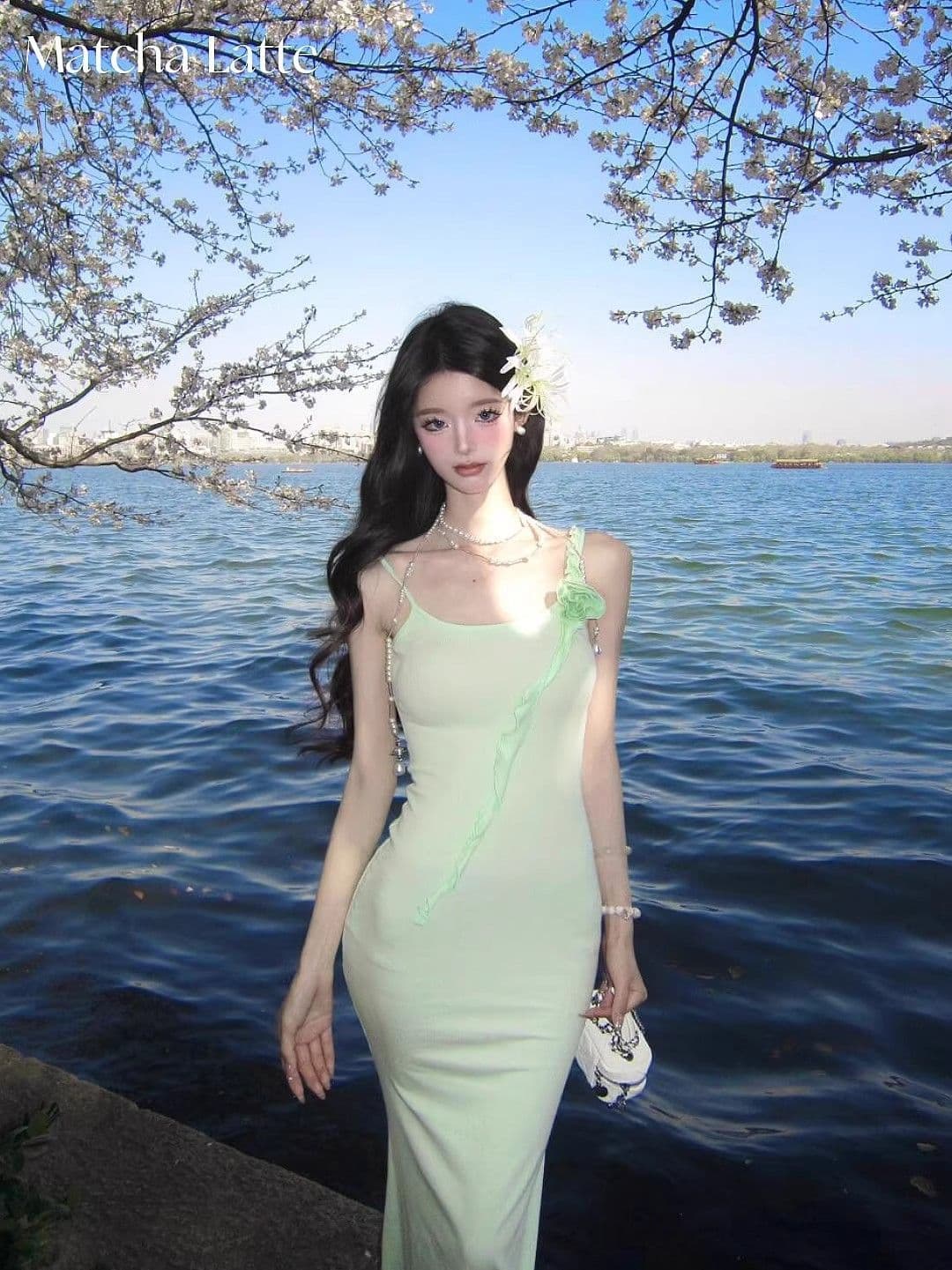 박하 녹색 꽃 슬립 여성 드레스 여름 휴가 바람 허리 수축 인어 꼬리 치마 순수한 욕망 몸매 가꾸기 타이트 스커트 롱 스커트 상세 이미지 5