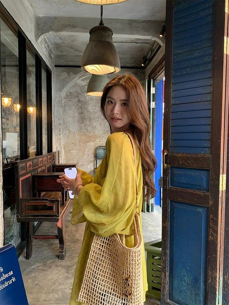 프랑스식 품격 V넥 벌룬 소매 휴가 바람 여성 드레스 여름 2026 여름 새로운 휴가 바람 루즈핏 치마 상세 이미지 7