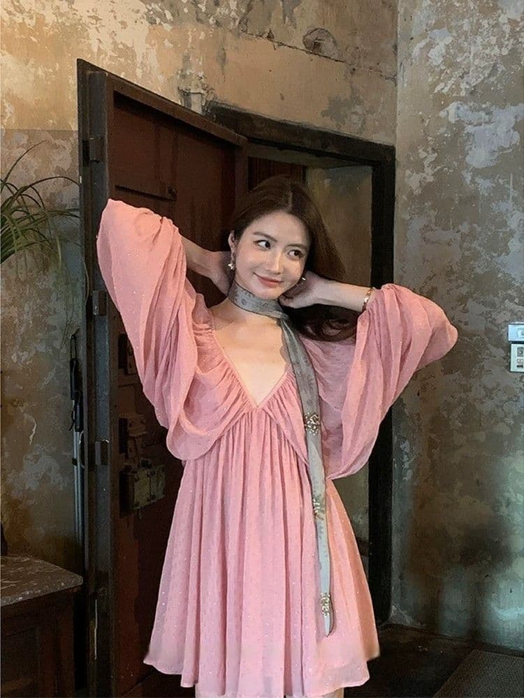 프랑스식 품격 V넥 벌룬 소매 휴가 바람 여성 드레스 여름 2026 여름 새로운 휴가 바람 루즈핏 치마 상세 이미지 11