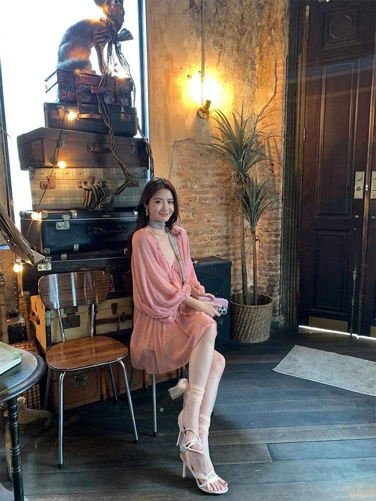 프랑스식 품격 V넥 벌룬 소매 휴가 바람 여성 드레스 여름 2026 여름 새로운 휴가 바람 루즈핏 치마 상세 이미지 12