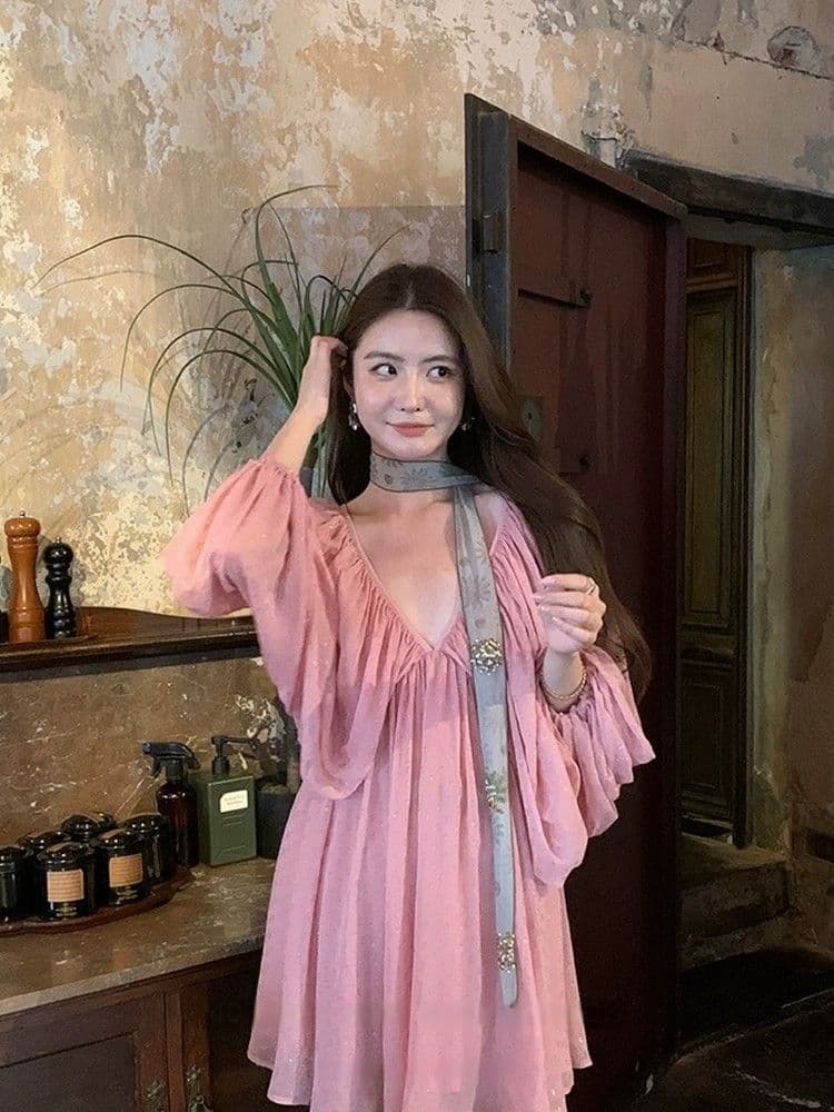 프랑스식 품격 V넥 벌룬 소매 휴가 바람 여성 드레스 여름 2026 여름 새로운 휴가 바람 루즈핏 치마 상세 이미지 14
