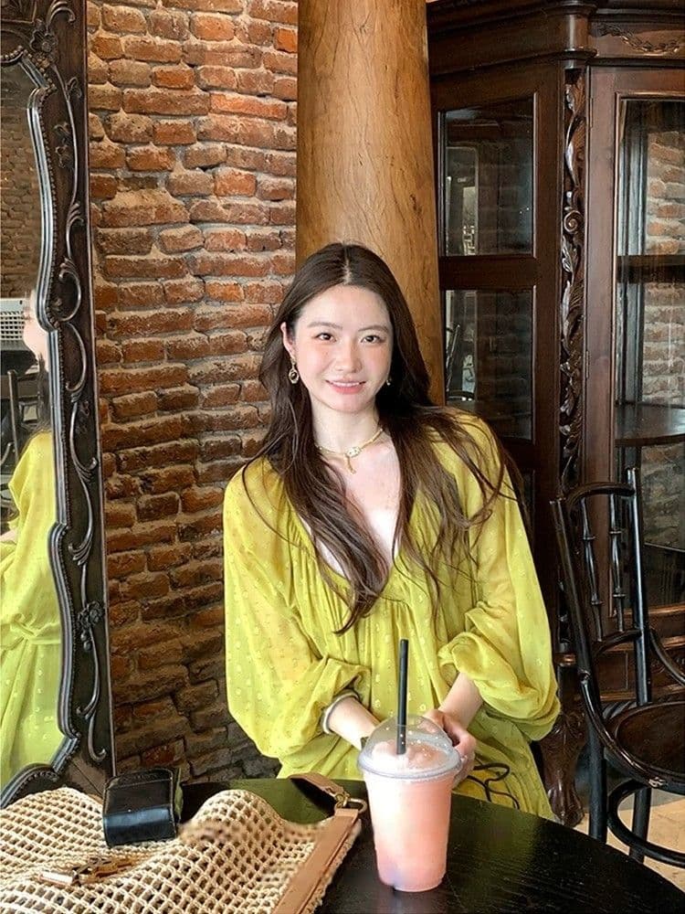 프랑스식 품격 V넥 벌룬 소매 휴가 바람 여성 드레스 여름 2026 여름 새로운 휴가 바람 루즈핏 치마 상세 이미지 15