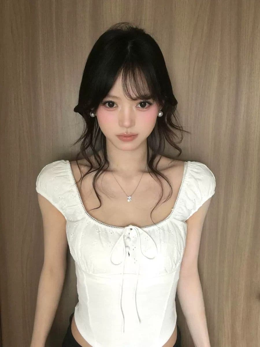 순수한 욕망 miu 부서 레이스 거품 소매 오프숄더 반팔 티셔츠 여성 여름 2026 슈퍼 잘 생긴 몸매 가꾸기 광장 칼라 맨위 상세 이미지 1