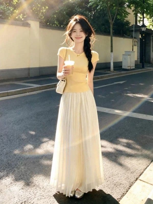 패키지 코어 실 황색 라운드 넥 몸매 가꾸기 슬림해 보이는 반팔 티셔츠 여성 얼음 차가운 니트 고급 사소한 초여름 맨위 이미지 2