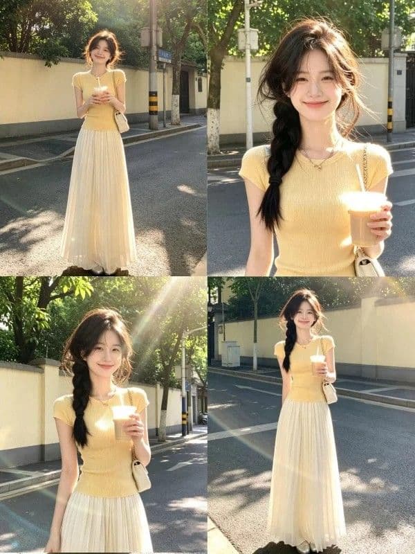 패키지 코어 실 황색 라운드 넥 몸매 가꾸기 슬림해 보이는 반팔 티셔츠 여성 얼음 차가운 니트 고급 사소한 초여름 맨위