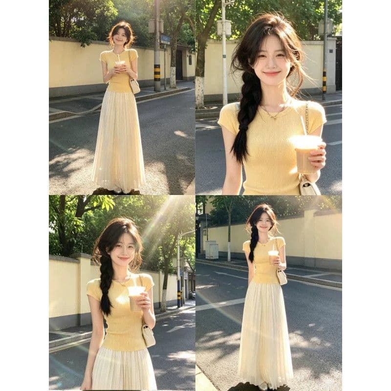 패키지 코어 실 황색 라운드 넥 몸매 가꾸기 슬림해 보이는 반팔 티셔츠 여성 얼음 차가운 니트 고급 사소한 초여름 맨위 상세 이미지 1