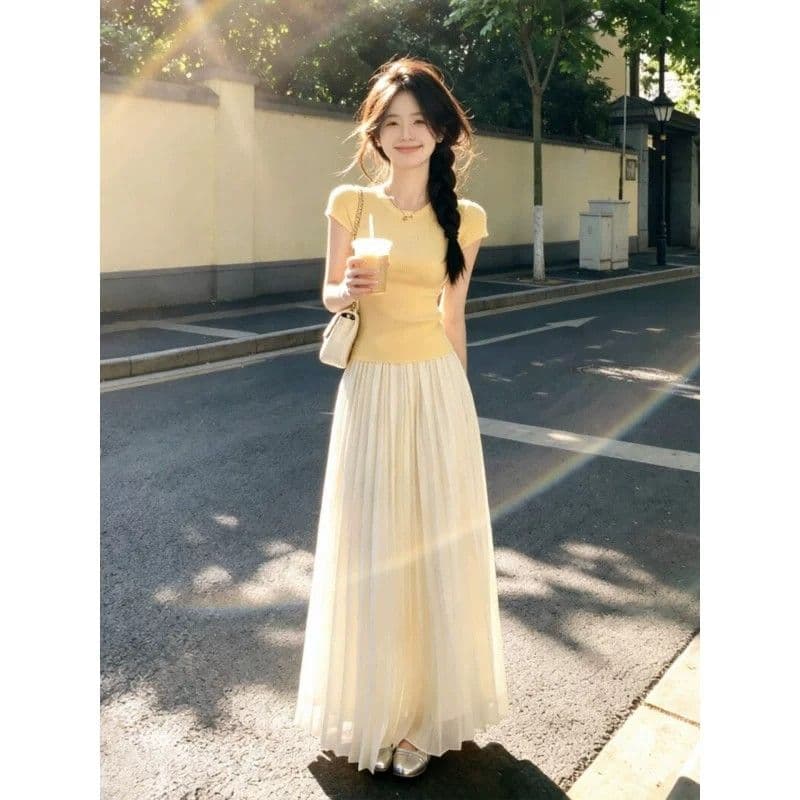 패키지 코어 실 황색 라운드 넥 몸매 가꾸기 슬림해 보이는 반팔 티셔츠 여성 얼음 차가운 니트 고급 사소한 초여름 맨위 상세 이미지 5