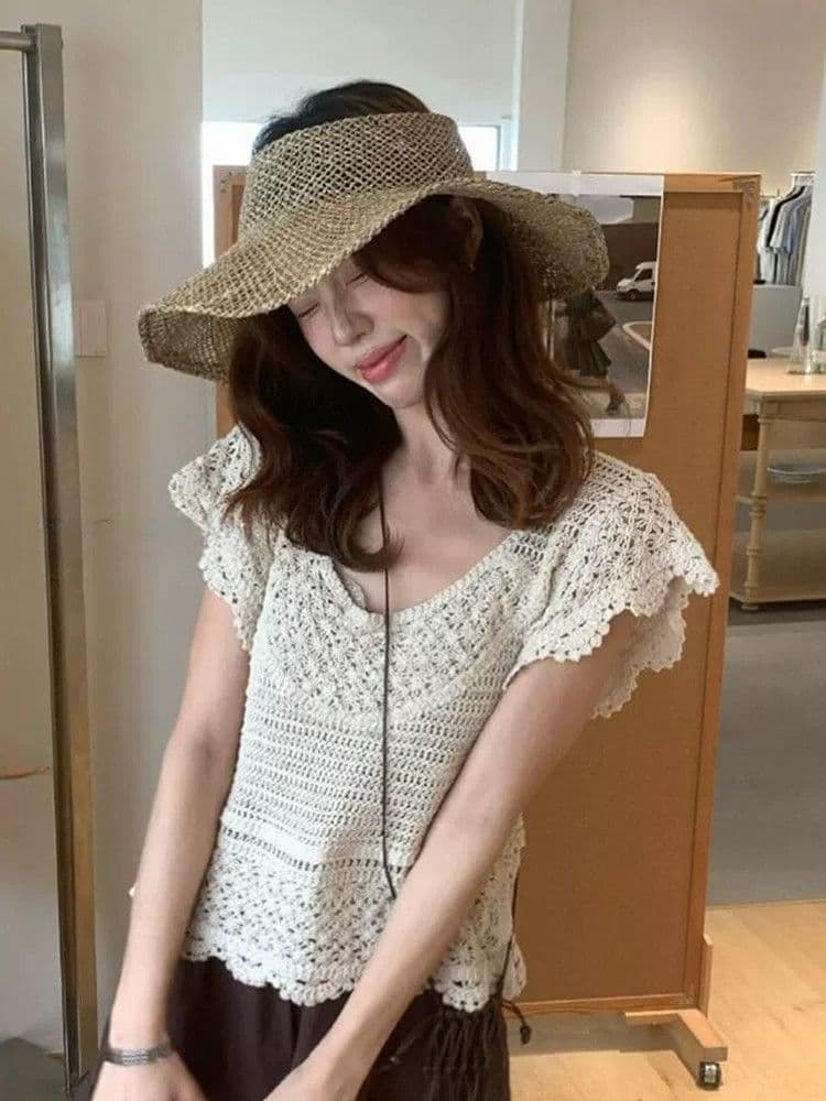프랑스식 살구 색상 홀로우 아웃 V넥 니트 Feifei 소매 티셔츠 여성 2026 여름 새로운 자이언트 잘 생긴 ~ 중 반팔 작은 맨위 이미지 4