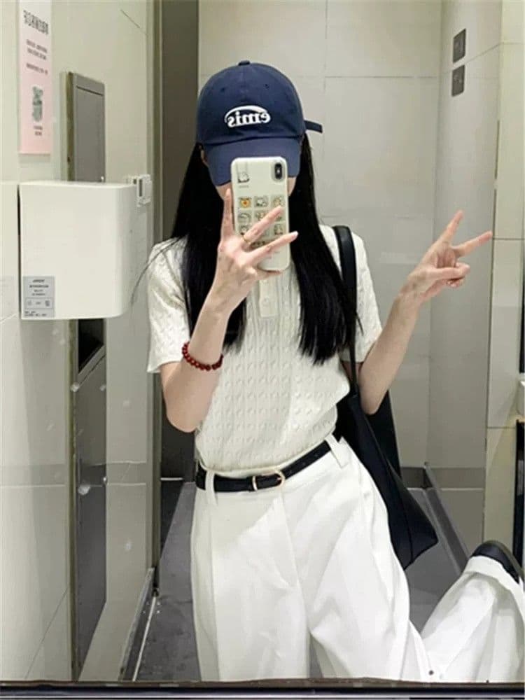 긍정적 인 어깨 반팔 티셔츠 여성 2026 새로운 여름 폴로 칼라 POLO 셔츠 다용도 고유 한 Chic 자수 니트 맨위 이미지 2
