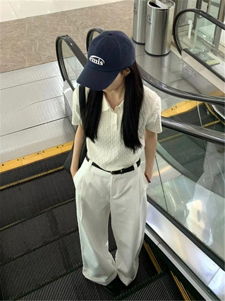 긍정적 인 어깨 반팔 티셔츠 여성 2026 새로운 여름 폴로 칼라 POLO 셔츠 다용도 고유 한 Chic 자수 니트 맨위 이미지 4
