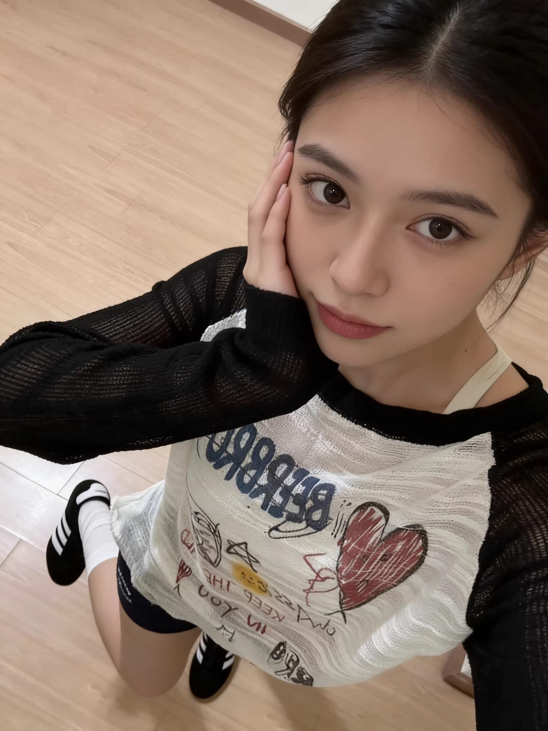 한 부서 하트 낙서 삽입 어깨 긴팔 티셔츠 여성 봄 여름 얇은 스타일 마이크로 ~을 통해 자외선 차단 블라우스 루즈핏 슬림해 보이는 중간 길이 상세 이미지 2