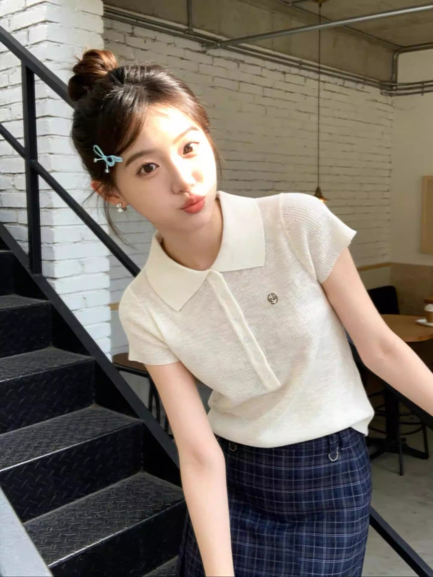 한 부서 작은 대중 POLO 칼라 얼음 실크 니트 반팔 티셔츠 여성 여름 작은 키 고유 한 아름다운 그레이트 봐. 의류 상세 이미지 2