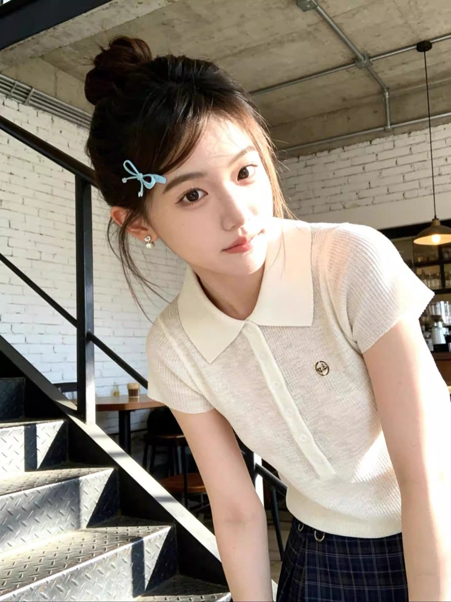 한 부서 작은 대중 POLO 칼라 얼음 실크 니트 반팔 티셔츠 여성 여름 작은 키 고유 한 아름다운 그레이트 봐. 의류 상세 이미지 3