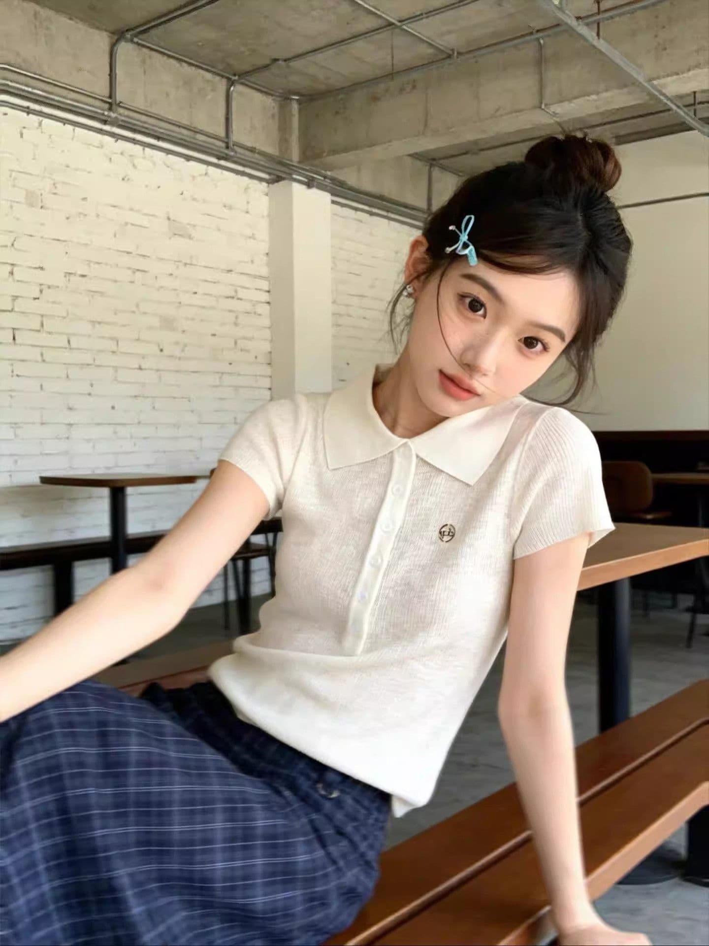 한 부서 작은 대중 POLO 칼라 얼음 실크 니트 반팔 티셔츠 여성 여름 작은 키 고유 한 아름다운 그레이트 봐. 의류 상세 이미지 5