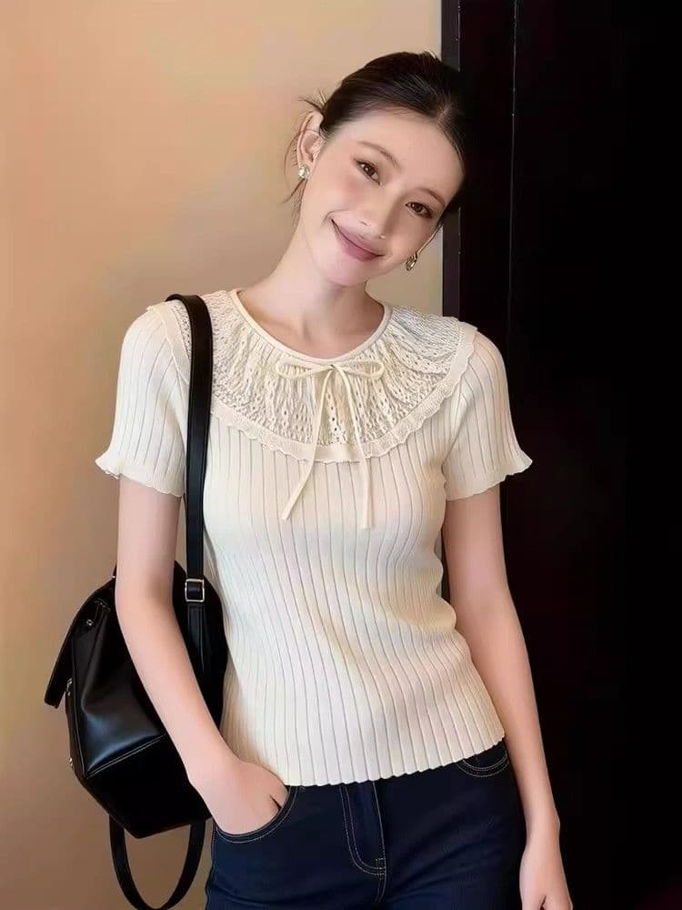 2026 여름 새로운 부드러운 바람 레이스 레이스 라운드 넥 반팔 니트 스웨터 여성 작은 대중 몸매 가꾸기 슬림해 보이는 맨위 여성 상세 이미지 4