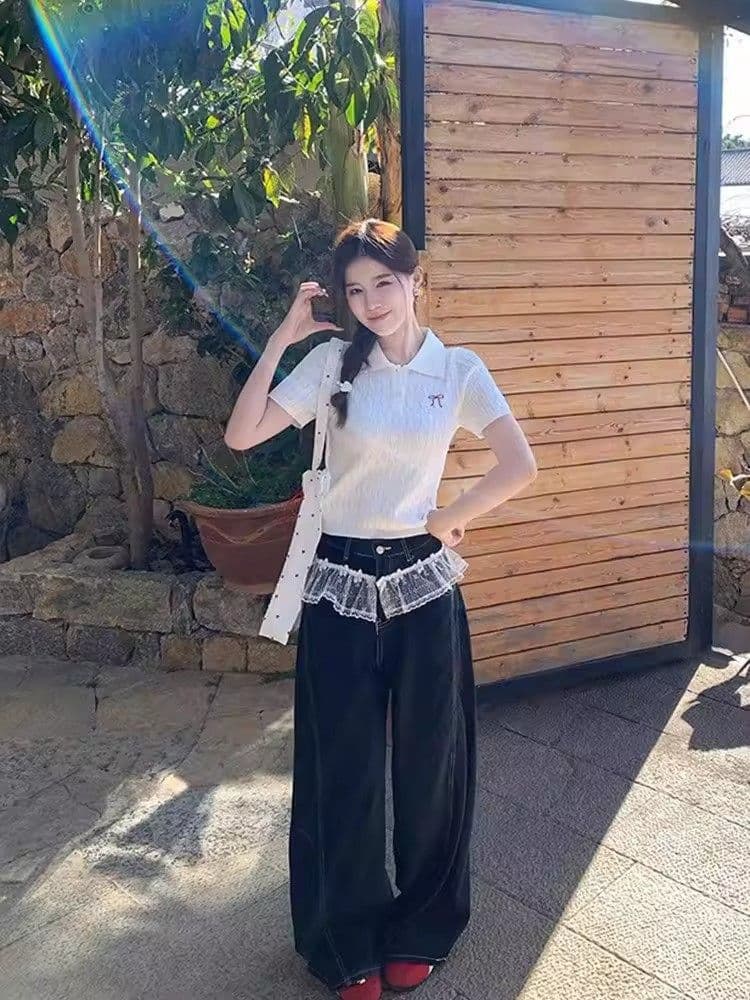 패키지 코어 실 POLO 칼라 단추 디자인 반팔 니트 스웨터 여성 2026 여름 새로운 나비 매듭 자수 쇼트 스타일 이미지 3