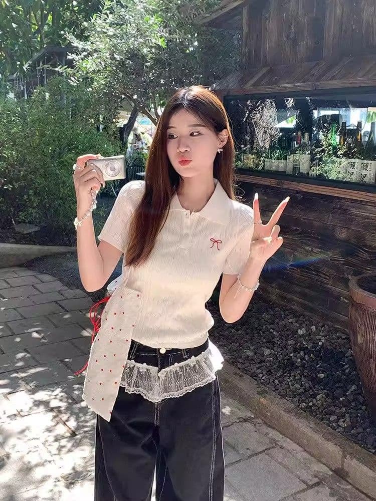패키지 코어 실 POLO 칼라 단추 디자인 반팔 니트 스웨터 여성 2026 여름 새로운 나비 매듭 자수 쇼트 스타일 상세 이미지 4