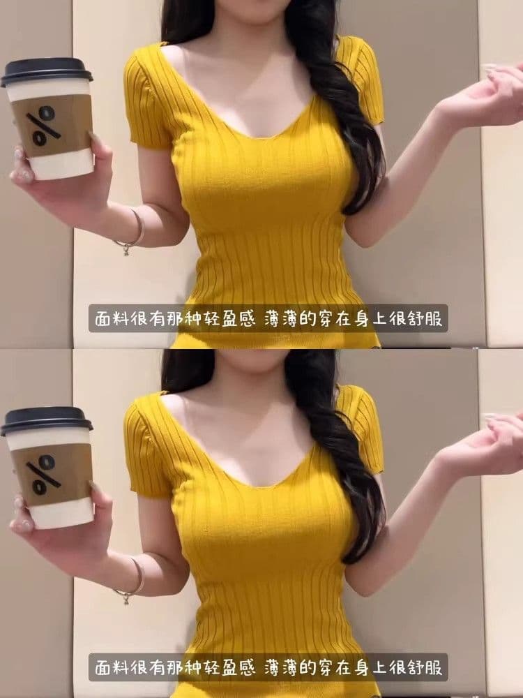 여름 도파민 황색 몸매 가꾸기 반팔 니트 티셔츠 여성 V넥 긍정적 인 어깨 고유 한 아름다운 슈퍼 잘 생긴 품격 맨위