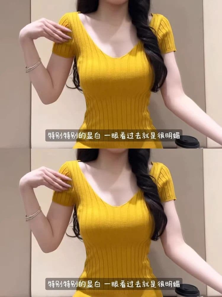 여름 도파민 황색 몸매 가꾸기 반팔 니트 티셔츠 여성 V넥 긍정적 인 어깨 고유 한 아름다운 슈퍼 잘 생긴 품격 맨위 이미지 4