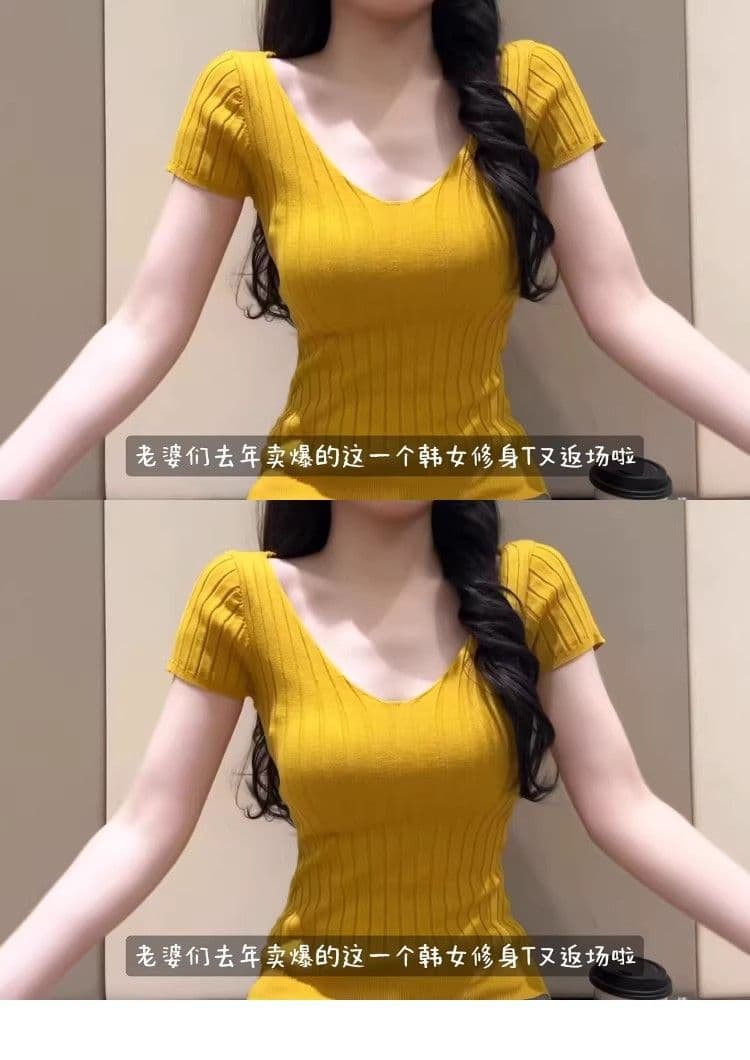 여름 도파민 황색 몸매 가꾸기 반팔 니트 티셔츠 여성 V넥 긍정적 인 어깨 고유 한 아름다운 슈퍼 잘 생긴 품격 맨위 상세 이미지 2