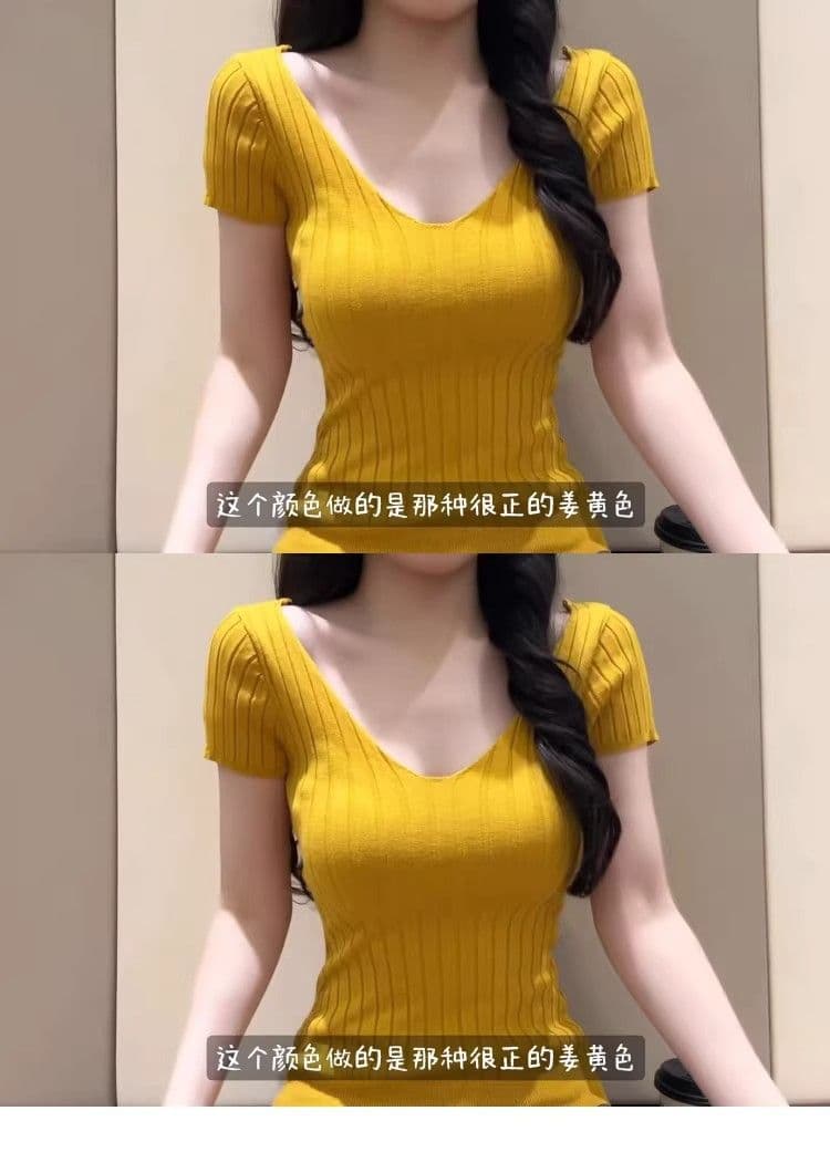 여름 도파민 황색 몸매 가꾸기 반팔 니트 티셔츠 여성 V넥 긍정적 인 어깨 고유 한 아름다운 슈퍼 잘 생긴 품격 맨위 상세 이미지 3