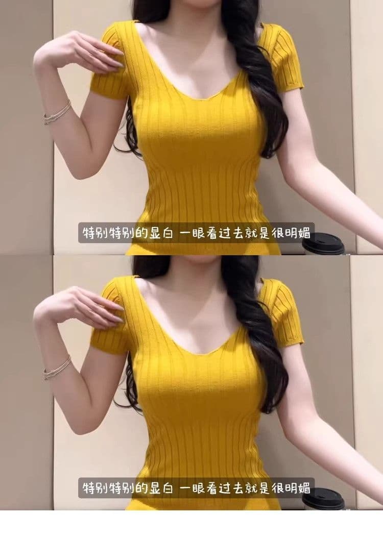 여름 도파민 황색 몸매 가꾸기 반팔 니트 티셔츠 여성 V넥 긍정적 인 어깨 고유 한 아름다운 슈퍼 잘 생긴 품격 맨위 상세 이미지 4