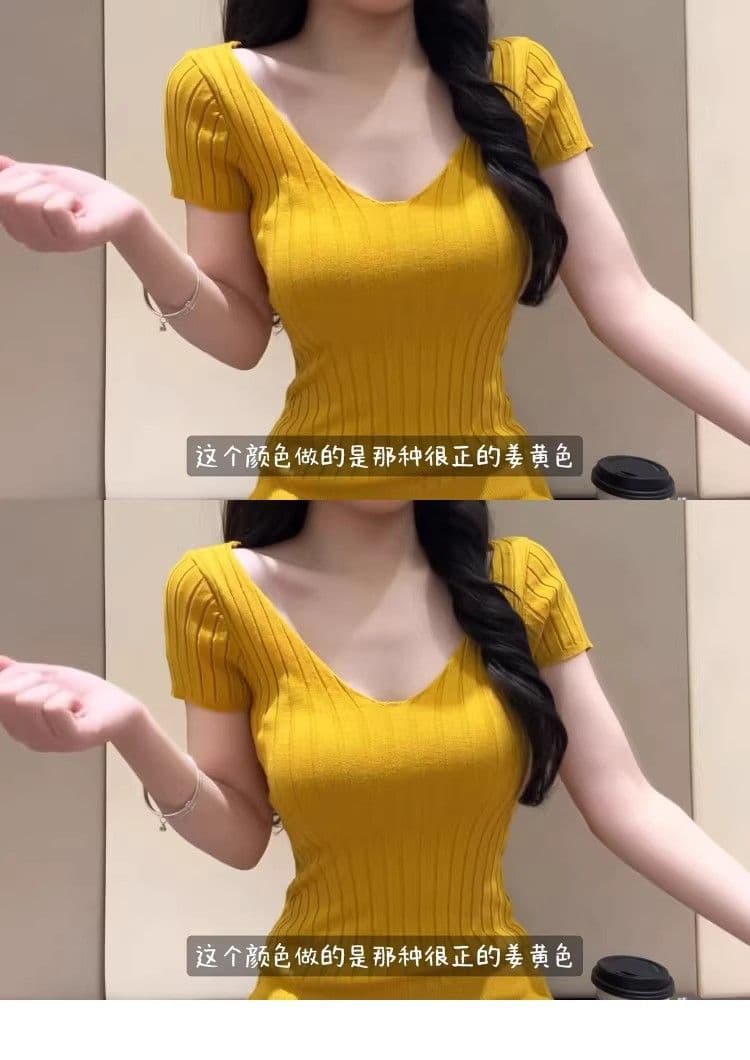 여름 도파민 황색 몸매 가꾸기 반팔 니트 티셔츠 여성 V넥 긍정적 인 어깨 고유 한 아름다운 슈퍼 잘 생긴 품격 맨위 상세 이미지 6