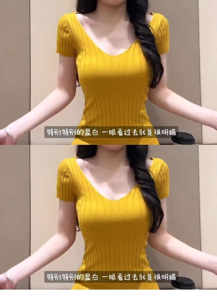 여름 도파민 황색 몸매 가꾸기 반팔 니트 티셔츠 여성 V넥 긍정적 인 어깨 고유 한 아름다운 슈퍼 잘 생긴 품격 맨위 상세 이미지 7