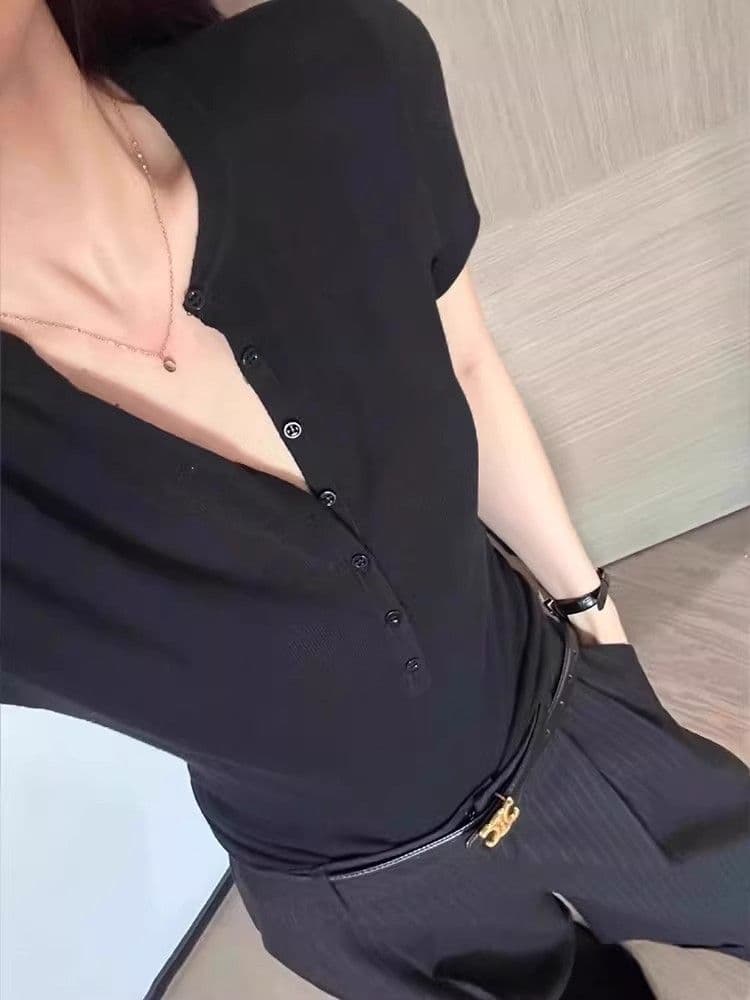 6 양모 반팔 니트 스웨터 여성 여름 몸매 가꾸기 슬림해 보이는 만나는 Chic 프랑스식 반 개방 칼라 티셔츠 긍정적 인 어깨 의류 얇은 이미지 2
