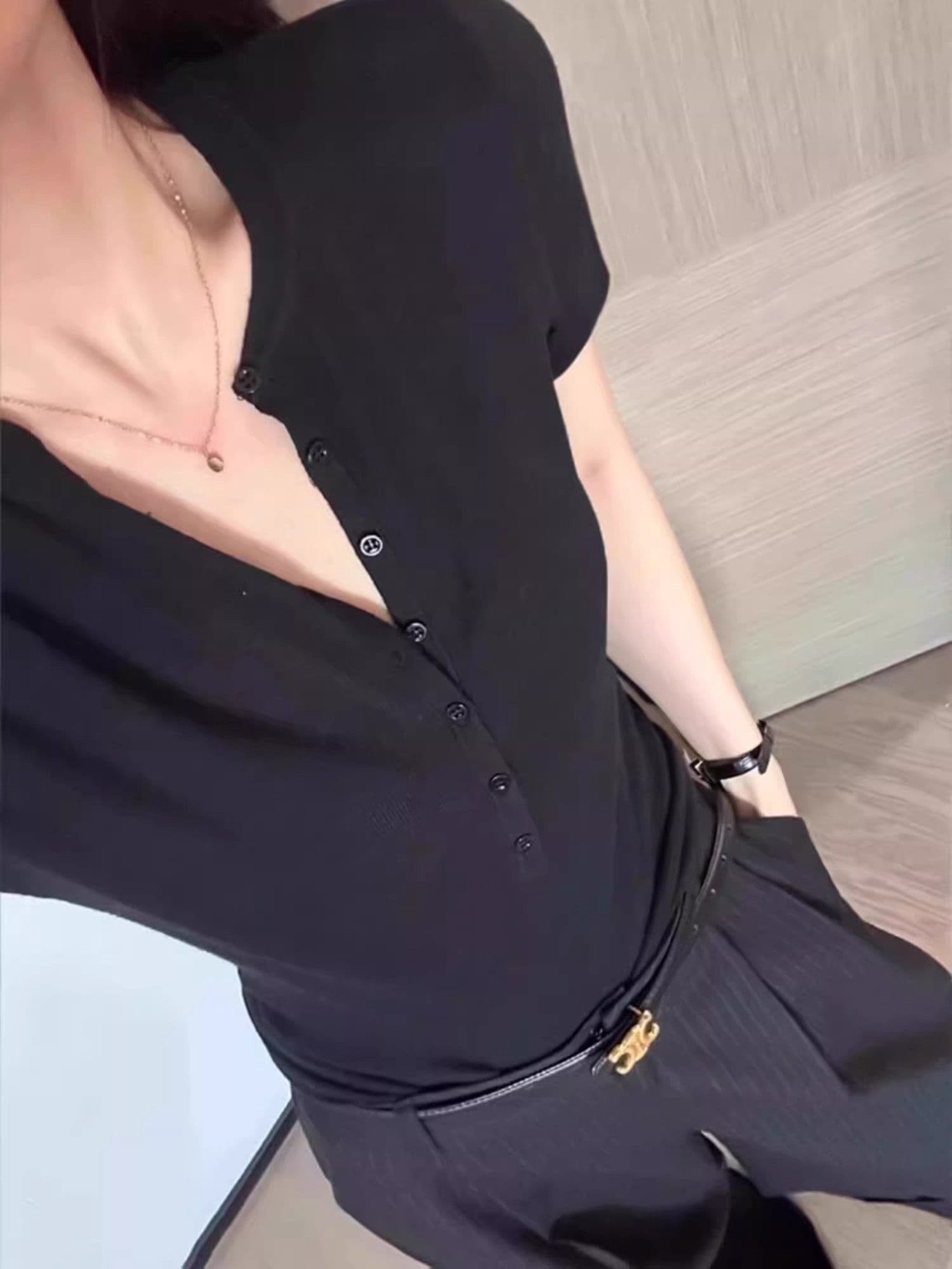 6 양모 반팔 니트 스웨터 여성 여름 몸매 가꾸기 슬림해 보이는 만나는 Chic 프랑스식 반 개방 칼라 티셔츠 긍정적 인 어깨 의류 얇은 상세 이미지 3